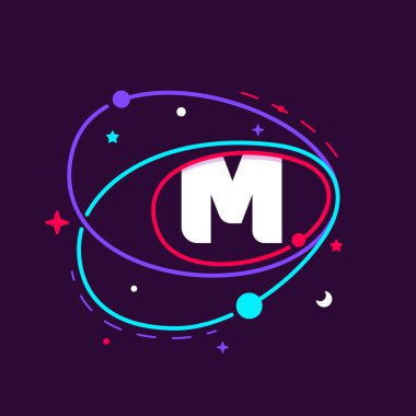 Letter M logo in space orbits, stars and and planets. clipart