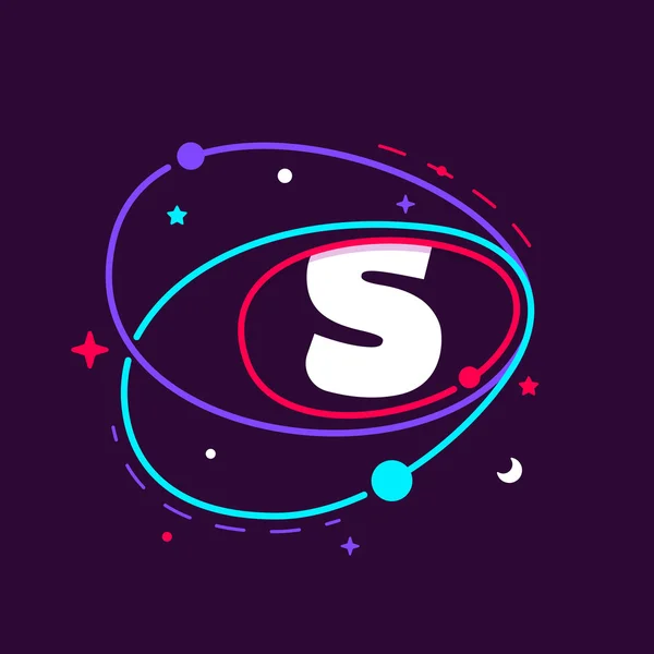 Logo Lettre S sur orbites spatiales, étoiles et planètes . — Image vectorielle