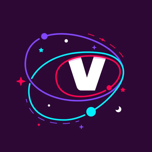 Logo litery V w przestrzach orbity, gwiazdy i planety. — Wektor stockowy