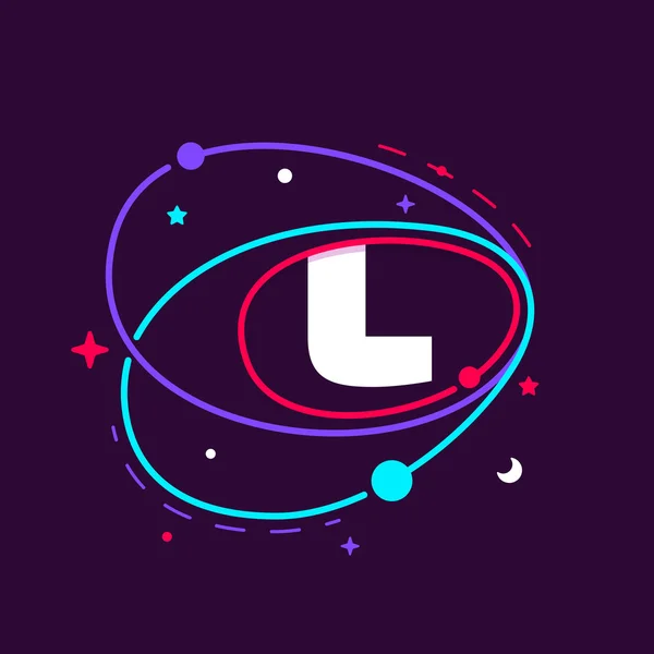Letra L logo en órbitas espaciales, estrellas y planetas . — Vector de stock