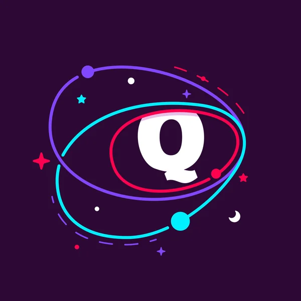 Letter Q logo in space orbits, stars and and planets. — Stock Vector