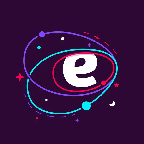 Uzay yörüngelerinde, yıldızlarda ve gezegenlerde E harfi logosu. — Stok Vektör
