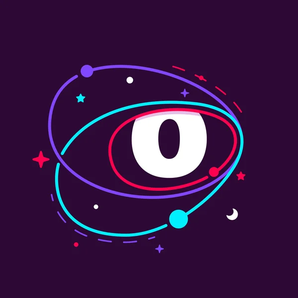 Lettre O logo dans l'espace orbites, étoiles et planètes . — Image vectorielle