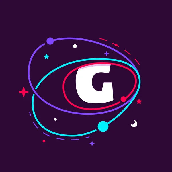 Letra G logo en órbitas espaciales, estrellas y planetas . — Vector de stock