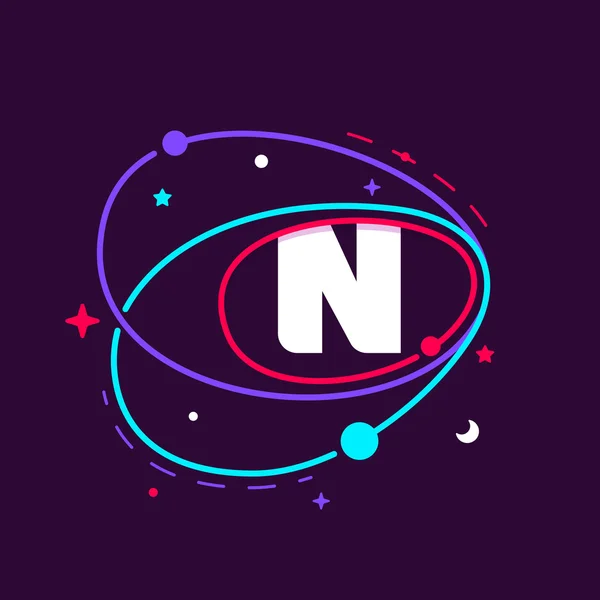Lettre N logo dans l'espace orbites, étoiles et planètes . — Image vectorielle