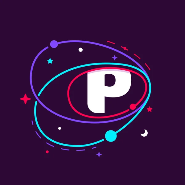 Letter P logo in space orbits, stars and and planets. — Stock Vector