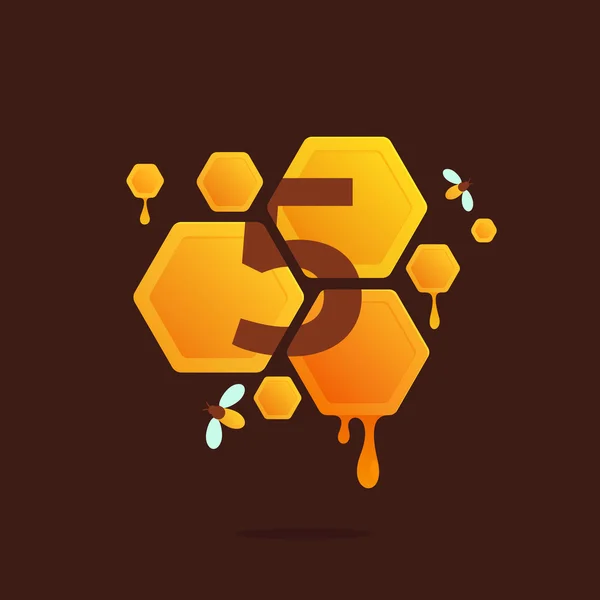 Logotipo número cinco en panal con miel fluida . — Vector de stock