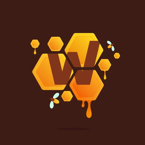 Logo Lettre W en nid d'abeille avec du miel coulant . — Image vectorielle