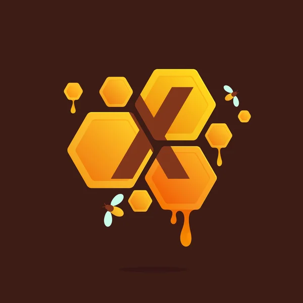 Letter X logo in Honeycomb with flowing honey. — Stock Vector