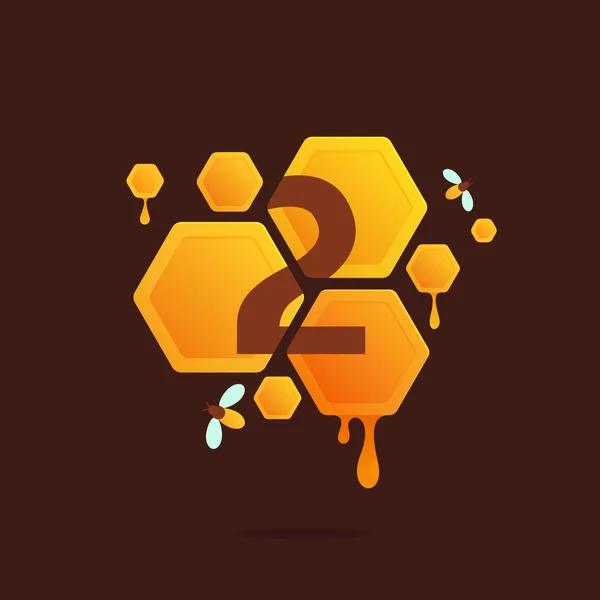 Logotipo número dos en panal con miel fluida . — Vector de stock