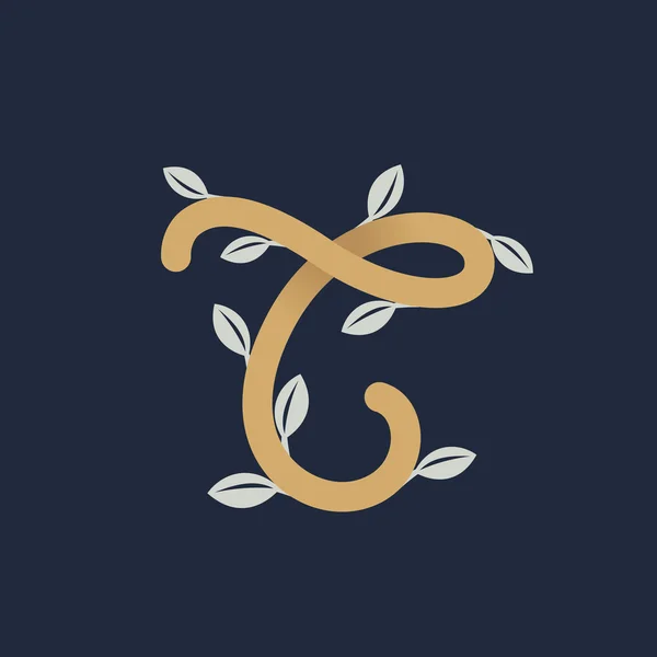 Letra de oro vintage T logo con hojas de plata . — Archivo Imágenes Vectoriales