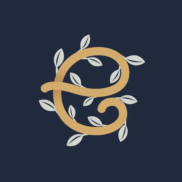 Vintage lettre d'or logo E avec des feuilles d'argent . — Image vectorielle