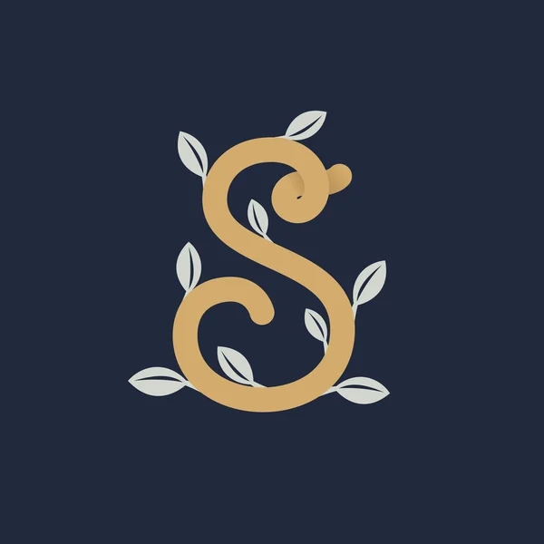 ตัวอักษรสีทองโบราณ S โลโก้ที่มีใบเงิน . — ภาพเวกเตอร์สต็อก