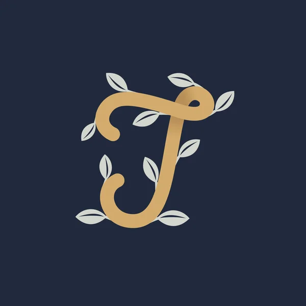 Letra de oro vintage J logo con hojas de plata . — Vector de stock