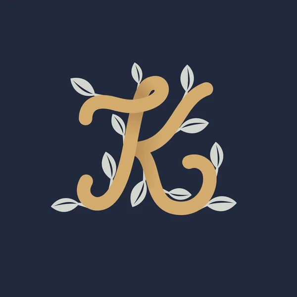 Vintage gold letter K logo with silver leaves. — Stock Vector