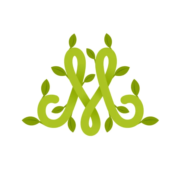 Λογότυπο γράμμα M, με πράσινα φύλλα. — Διανυσματικό Αρχείο