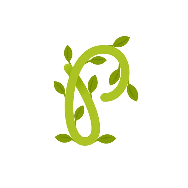 Letter P logo met groene bladeren. — Stockvector