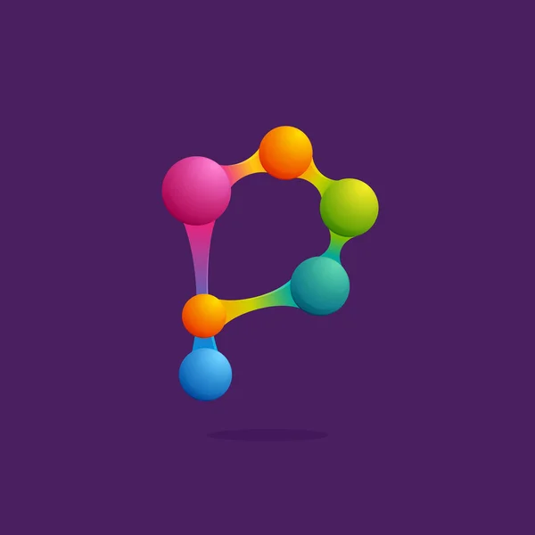 Letter P logo met kleurrijke bollen of punten en lijnen. — Stockvector