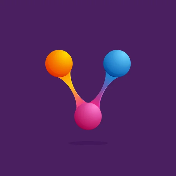 Letra V logotipo con esferas de colores o puntos y líneas . — Vector de stock