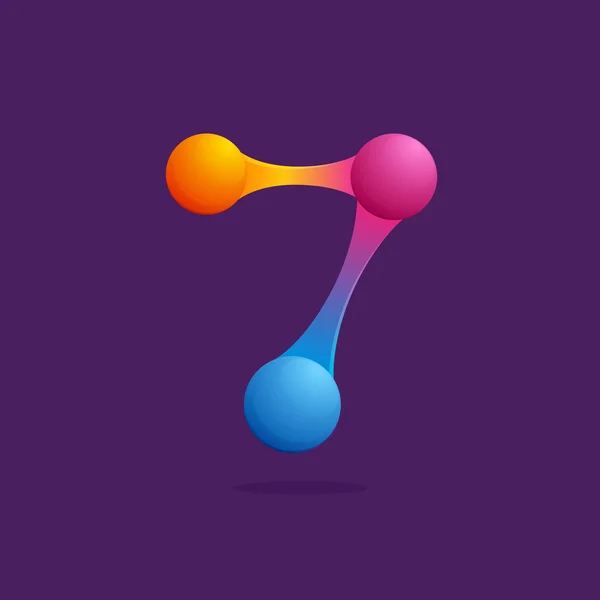 Nummer zeven logo met kleurrijke bollen of punten en lijnen. — Stockvector