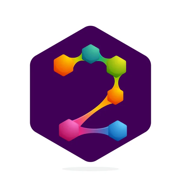Nummer twee logo met Hexagon en lijnen. — Stockvector