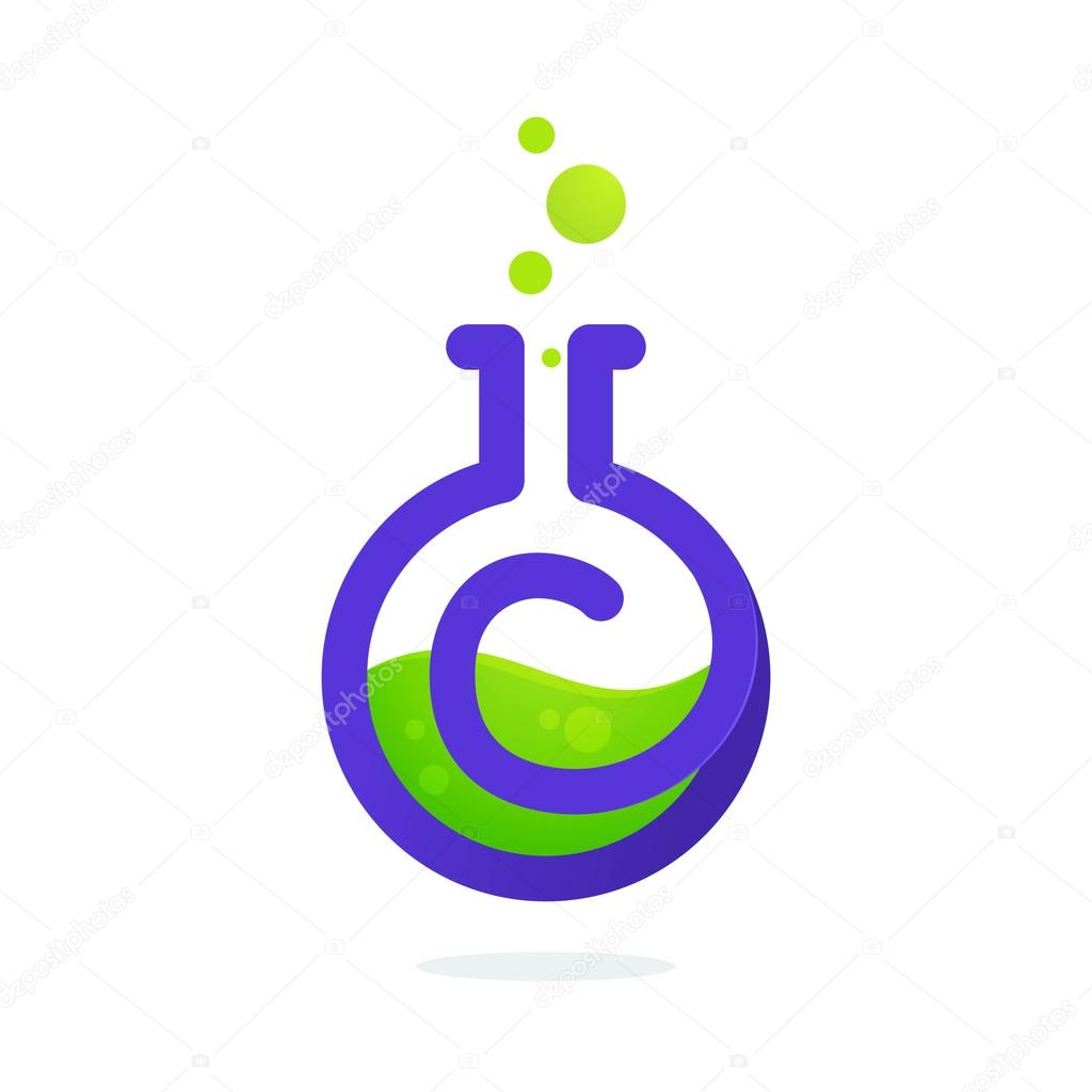 Letter C logo in laboratory beaker. Vector elements for science, biology, physics or chemistry design.
