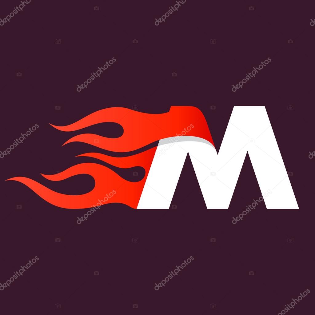 Fast fire letter M logo on dark. Speed and sport elements for sportswear, t-shirt, banner, card, labels or posters.