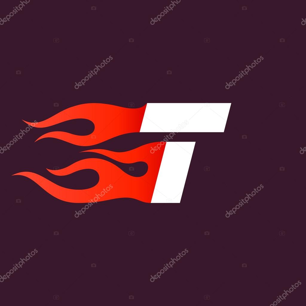 Fast fire letter T logo on dark. Speed and sport elements for sportswear, t-shirt, banner, card, labels or posters.