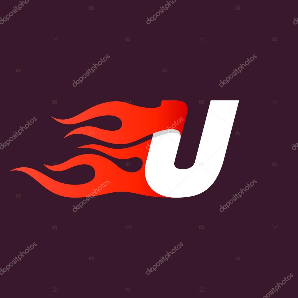 Fast fire letter U logo on dark. Speed and sport elements for sportswear, t-shirt, banner, card, labels or posters.
