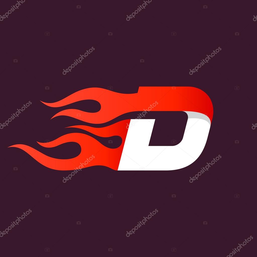 Fast fire letter D logo on dark. Speed and sport elements for sportswear, t-shirt, banner, card, labels or posters.
