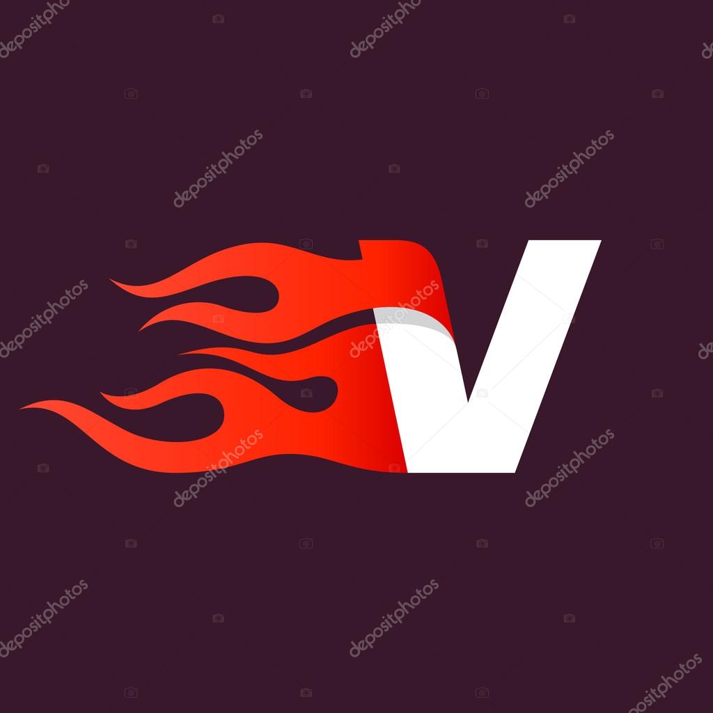 Fast fire letter V logo on dark. Speed and sport elements for sportswear, t-shirt, banner, card, labels or posters.