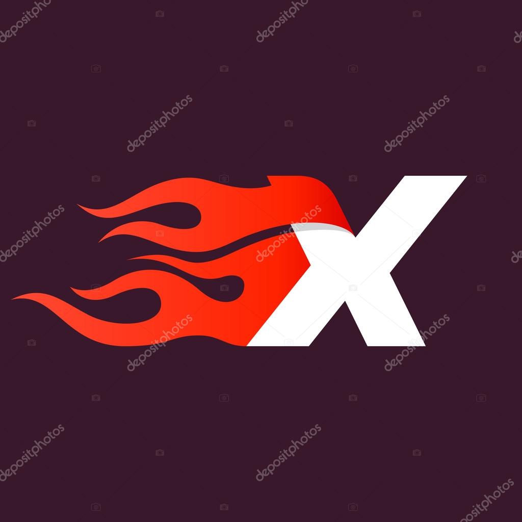 Fast fire letter X logo on dark. Speed and sport elements for sportswear, t-shirt, banner, card, labels or posters.