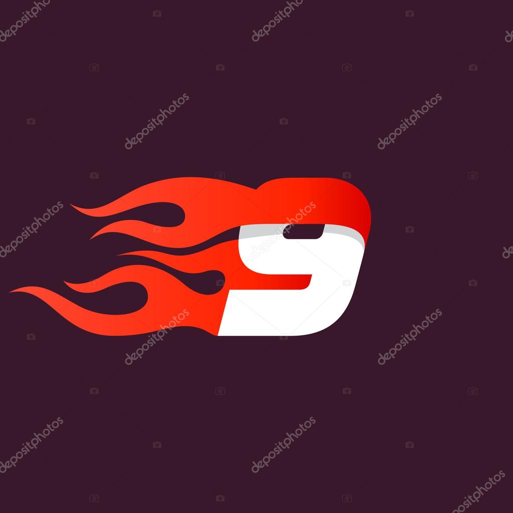 Fast fire number nine logo on dark. Speed and sport elements for sportswear, t-shirt, banner, card, labels or posters.