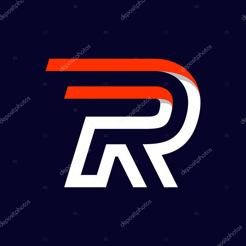 Fast speed two lines letter R logo on black. Sport elements for sportswear, t-shirt, banner, card, labels or posters.