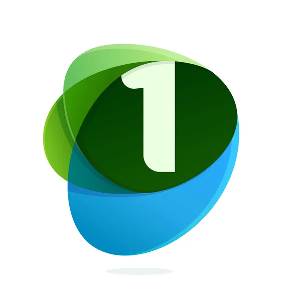 Logo van de nummer één in groene bladeren en blauwe druppels. — Stockvector
