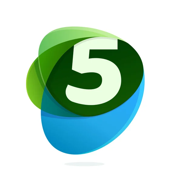 Number five logo in green leaves and blue drops. — Stock Vector