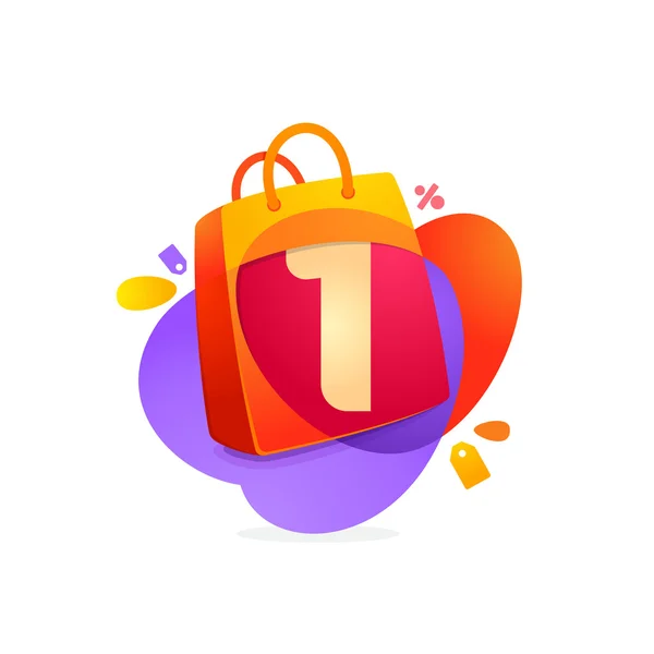 Number one logo in shopping bag icon and Sale tag. — Stock Vector