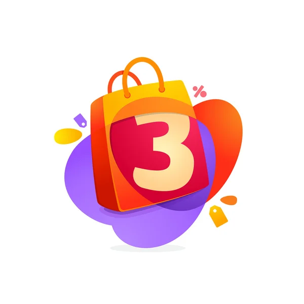 Number three logo in shopping bag icon and Sale tag. — Stock Vector