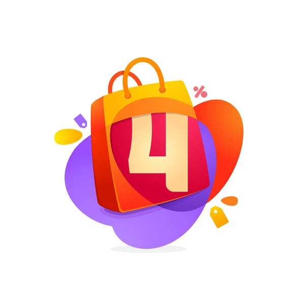 Number four logo in shopping bag icon and Sale tag. — Stock Vector