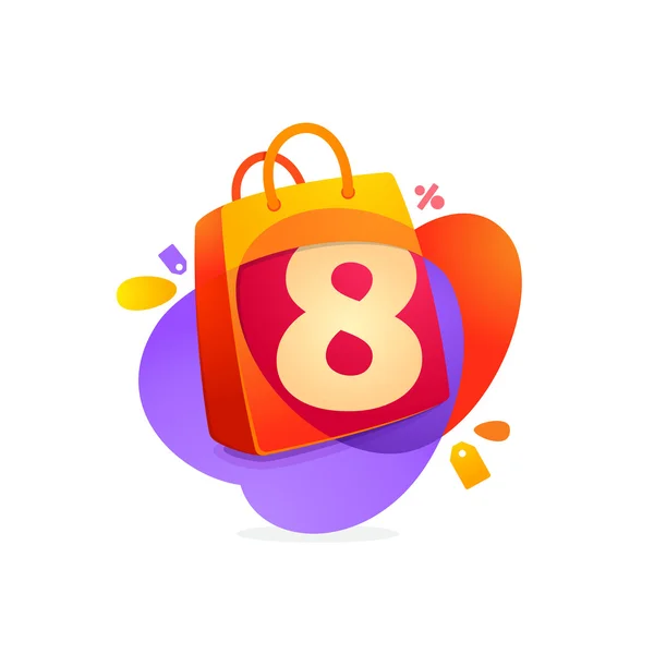 Logotipo número ocho en el icono de la bolsa de compras y etiqueta Venta . — Vector de stock