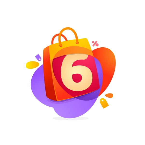 Number six logo in shopping bag icon and Sale tag. — Stock Vector