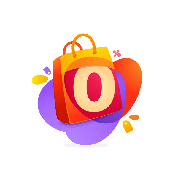 Number zero logo in shopping bag icon and Sale tag. — Stock Vector