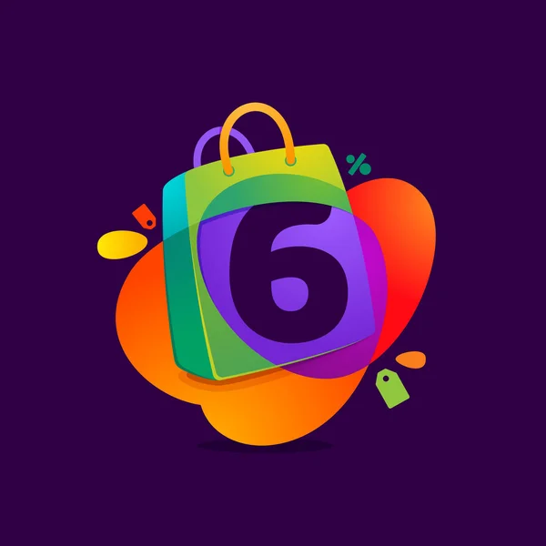 Αριθμός έξι λογότυπο στο εικονίδιο τσάντα για ψώνια και πώληση tag. — Διανυσματικό Αρχείο