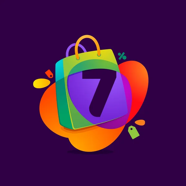 Logo numero sette nell'icona della shopping bag e nel tag Vendita . — Vettoriale Stock