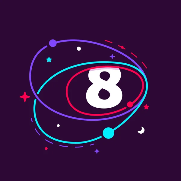 Number eight logo in space orbits, stars and planets. — Stock Vector