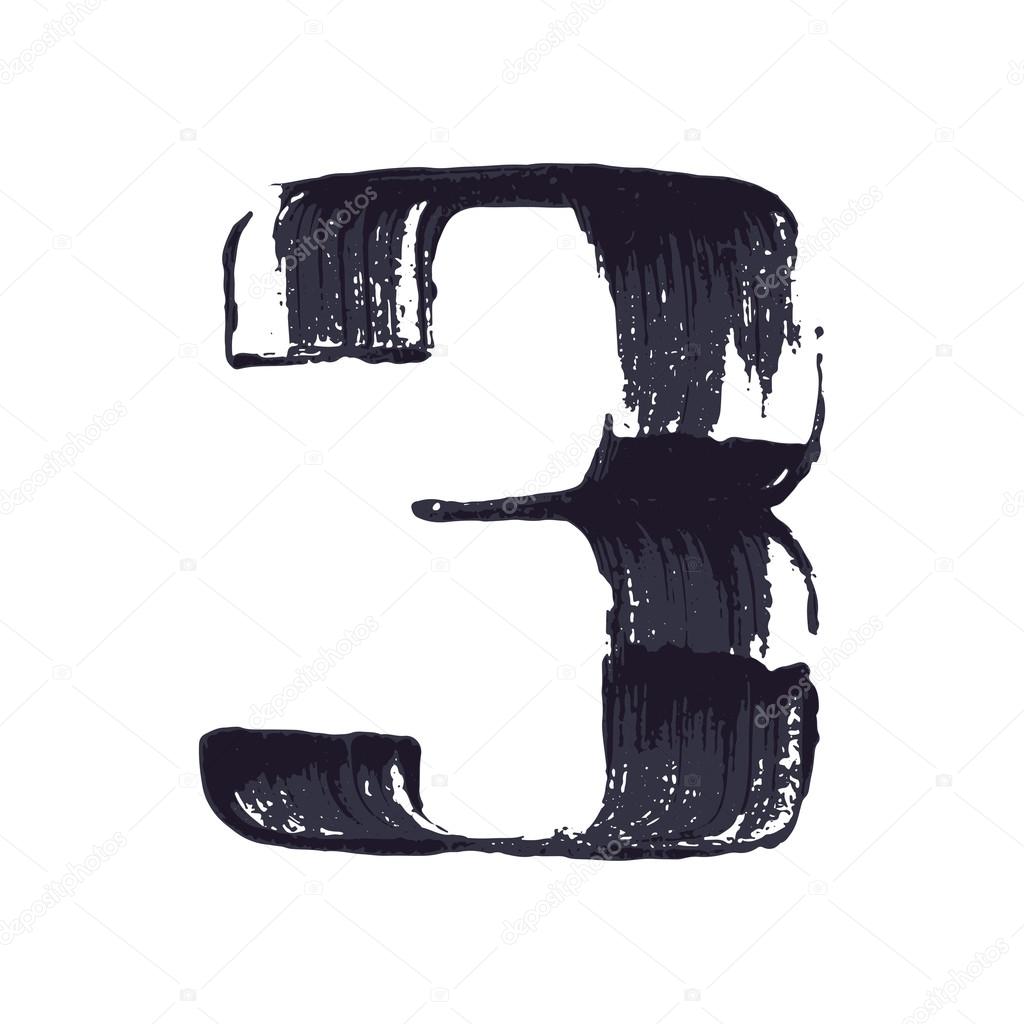 Number three logo hand drawn with dry brush. Vector grunge style design elements for T-shirt, label, badge, card or poster.