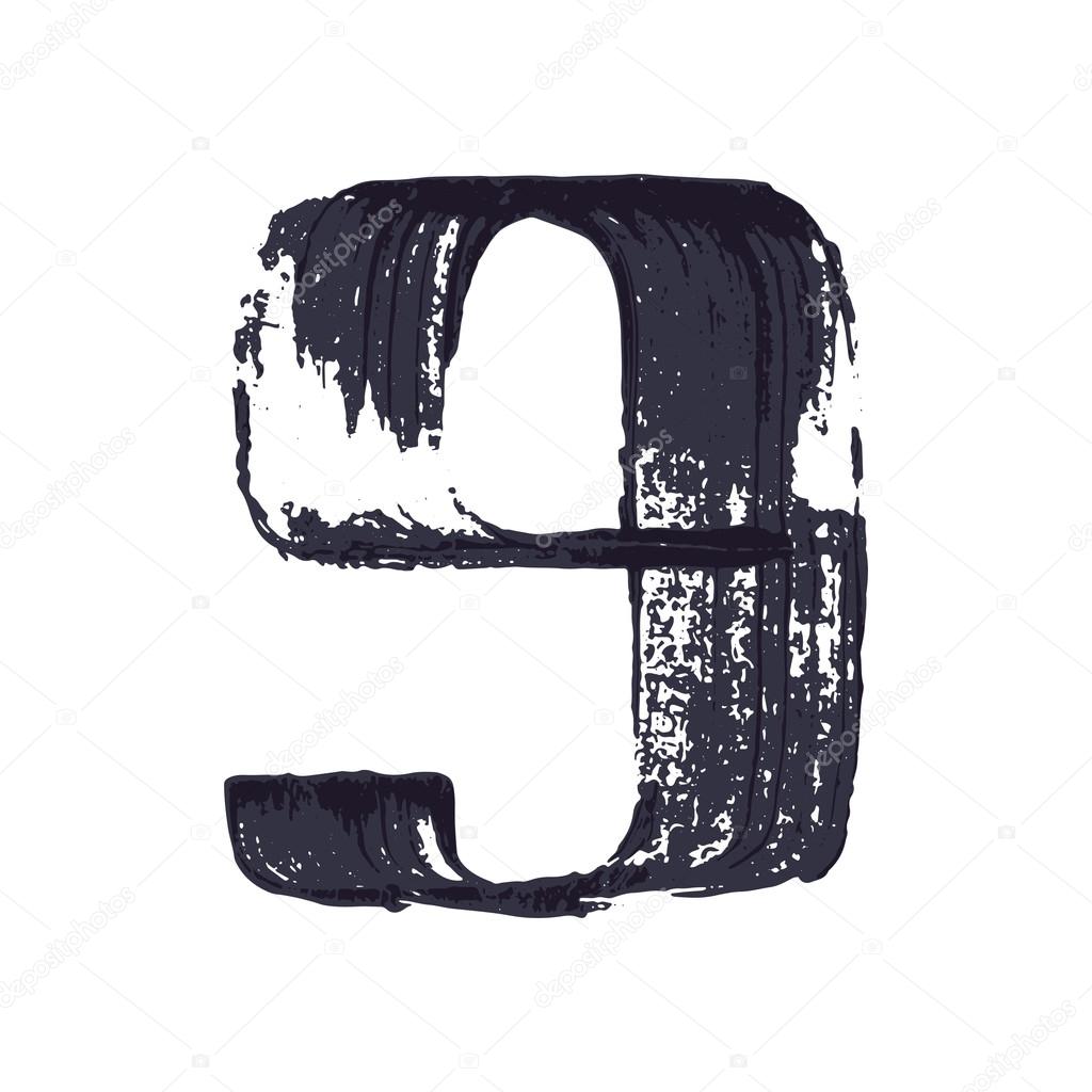 Number nine logo hand drawn with dry brush. Vector grunge style design elements for T-shirt, label, badge, card or poster.
