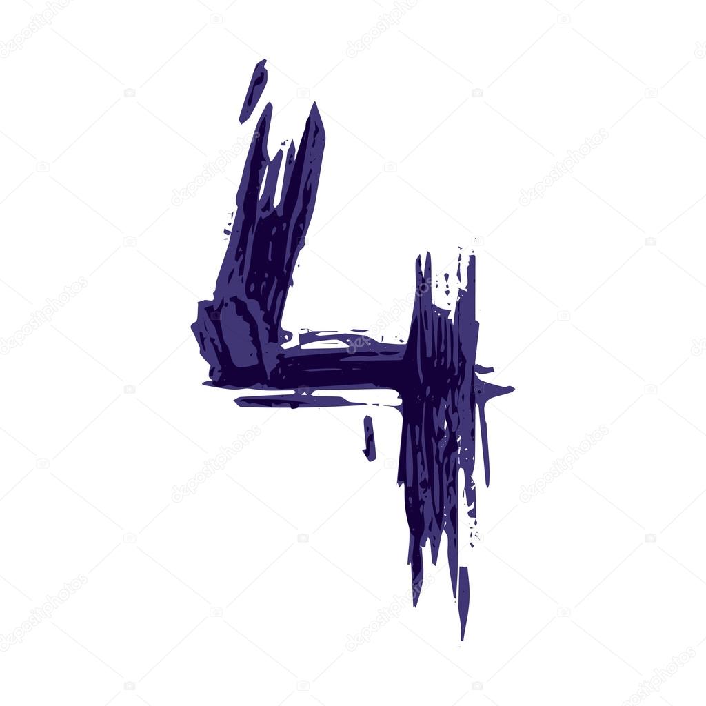 Number four logo hand drawn with dry brush. Rough strokes style.  Vector grunge style design elements for T-shirt, label, badge, card or poster.