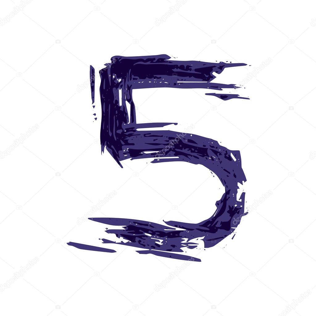 Number five logo hand drawn with dry brush. Rough strokes style.  Vector grunge style design elements for T-shirt, label, badge, card or poster.