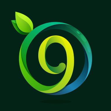 Yeşil yaprakları ve su dalgaları ile dokuz logo numara.